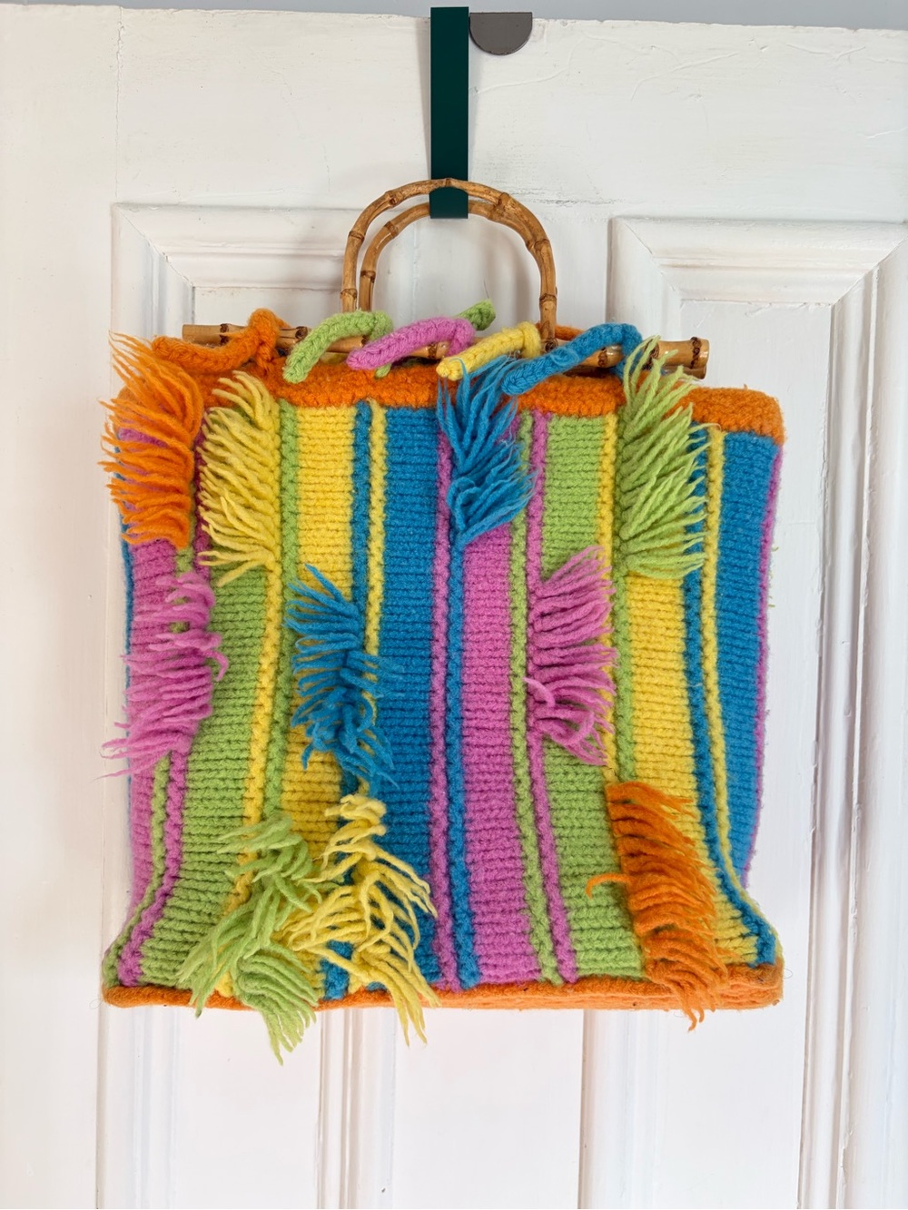 Vintage Handmade Colourful Yarn Fringe Handbag - Bamboo Handles